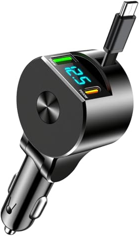 3 en 1 Cargador de Coche Retráctil, 75W PD3.0, USB-C 30W + USB-A 22,5W, Adaptador Mechero 12-24V con Cable Extensible 70 cm e Indicador LED, Compatible con i-Phone 16/15/Pro MAX, Sam-Sung Galaxy