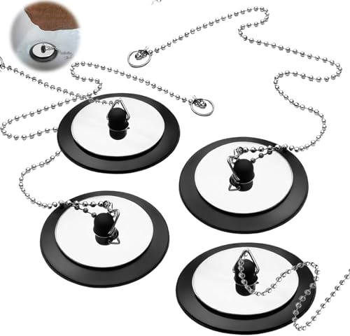 Bath Plug and Stainless Steel Chain 4 Pcs, Universal Kitchen Sink Plug Replacement Rubber Bathroom Drain Stopper, 42 mm to 45 mm Black Bath Plugs UK for Bathroom Kitchen