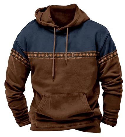 Huvtröjor för män western aztek huvtröja vintage tryckt grafisk huvtröja lappverk tröjor med ficka normal passform långärmad pullover casual gym toppar för män