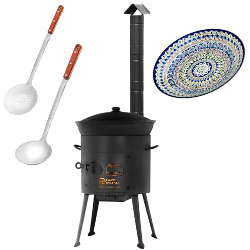 Ø36 cm Uchag 2mm stahl mit Abzugsrohr Utschak Lagan Utschag Feldküche 12L Kazan Ляган Kasan (flacher boden) Feuerstelle Campingofen Außenküche Eintopfofen mit Schaumkelle Suppenkelle