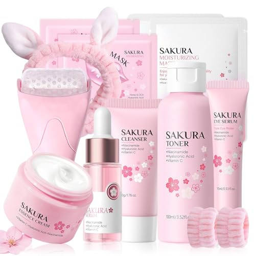 Kit per la Cura della Pelle Sakura 12 Pezzi,include Detergente, Tonico, Crema Viso, Maschera, Siero e Crema per Gli Occhi,Accessori,Set Skincare Viso Completo per Ragazze e Donne