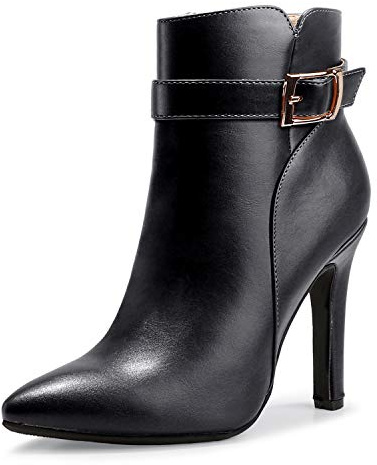 IDIFU Women's Dana Pointed Toe Stiletto High Heels Ankle Booties Side Zipper Short Boots with Metal Buckle(8.5, Black Pu)