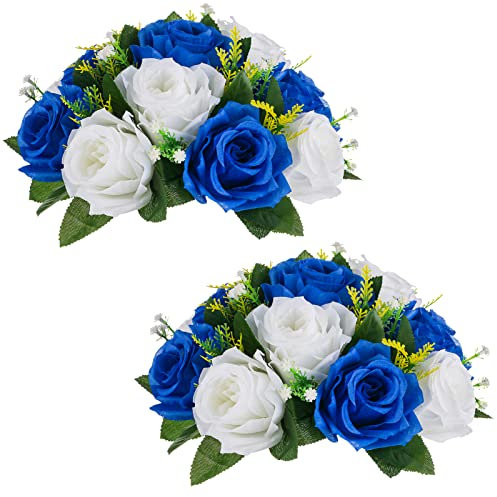 NUPTIO Artificial Flower Ball Centrepieces: 2 Pcs Royal Blue & White Fake Flowers Roses Balls 24cm Diameter for Centerpiece Faux Silk Rose Arrangements for Wedding Reception Party Table Decorations