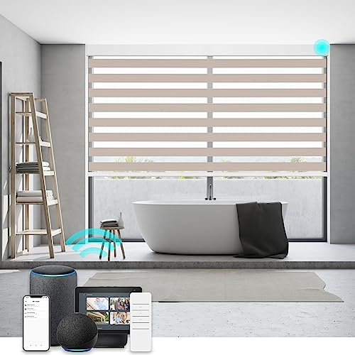 Changshade Smart Zebra Blinds Motorized Shades Remote Control for Indoor Windows, Custom Size Electric Solar Panel Power Automatic Work with Alexa, Google Home, Apple Homekit, Blackout, Beige