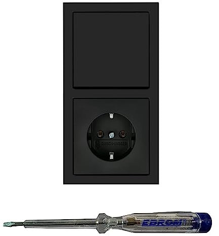 Busch Jäger Lichtschalter Taster Tastschalter 2020 US und Steckdose 20EUC-885 im 2-fach Rahmen in SCHWARZ MATT inklusive EBROM Phasenprüfer zur Montage der Geräte