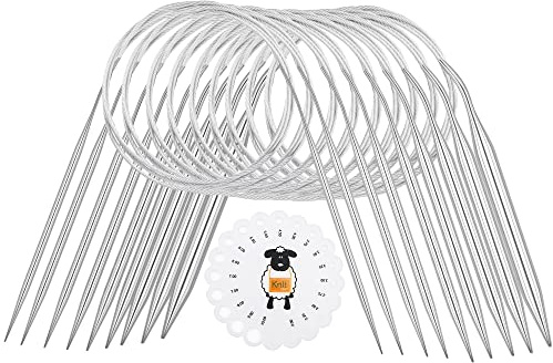 Coopay Lot de 8 aiguilles à tricoter circulaires - 80 cm - En acier inoxydable - Avec jauge d'aiguille - Métal de 2,75 à 9,0 mm - Pratique pour les pulls, les manches