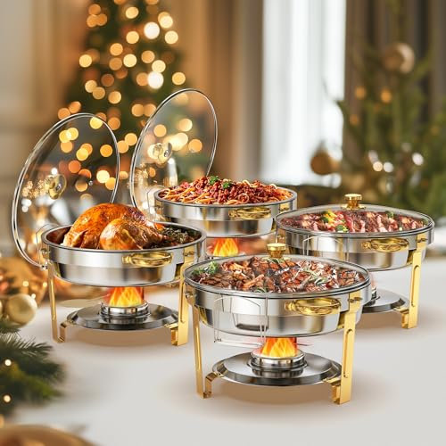 WARMOUNTS 4er Set Silber & Gold Chafing Dish Buffet 5L, Rund Speisenwärmer für Catering mit Glasdeckel & Deckelhalter, Hochglanzpoliert Edelstahl Lebensmittelecht für Feiern, Hochzeit, Events