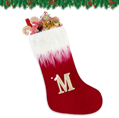 VReder Calze di Natale, 56 cm, con barba bianca, personalizzate, ricamate con lettere, calzini rossi da appendere al caminetto, decorazione per albero di Natale, regalo di Natale (monogramma M)