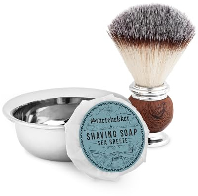 Störtebekker® - Premium Set di pennelli da barba con ciotola da barba in acciaio inox e sapone da barba Sea Breeze [incl. guida per rasatura e barba) – Idea regalo – Complemento perfetto per rasoio