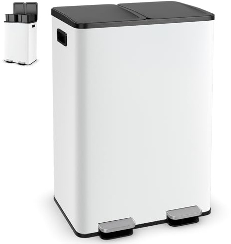 GiantexUK 60L Kitchen Pedal Bin, 2x30L Stainless Steel Recycling Rubbish Can with Detachable Inner Buckets, Handles, Deodorant Boxes & Soft Close Lids, Double Step-on Waste Dustbin for Home (White)