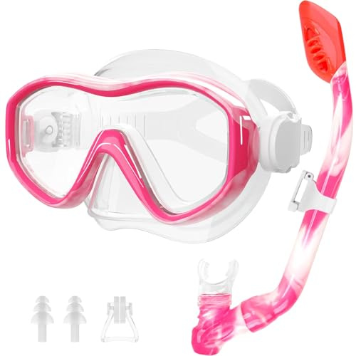 Set da snorkeling per bambini dai 5 ai 15 anni, con top asciutto, maschera subacquea e boccaglio, occhialini da nuoto con copertura per il naso, per bambini, ragazzi, ragazze e ragazzi (rosa + bianco)