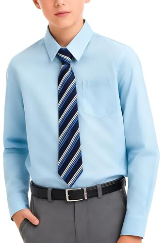 mintgreen Chemises Garçons, Tenue Scolaire Formelle en Coton à Manches Longues Unies avec Cravate, Bleu Clair, 13-14 Ans, 14