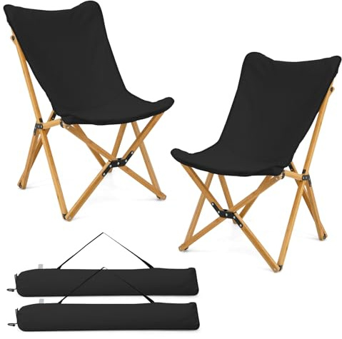 GOPLUS 2er Set Liegestuhl klappbar, Gartenstuhl Klappstuhl aus Bambus bis 150kg belastbar, Campingstuhl ohne Armlehne leicht tragbar mit Tragetasche, Strandstuhl für Camping Picknick Angeln (Schwarz)