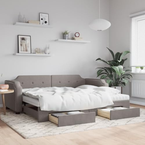 Yunovire utdragbar dagsäng, med lådor, brungrå 100 x 200 cm tyg, 2-i-1-bäddsoffa med skummadrass, robust trämetallram, modern design för vardagsrum och sovrum