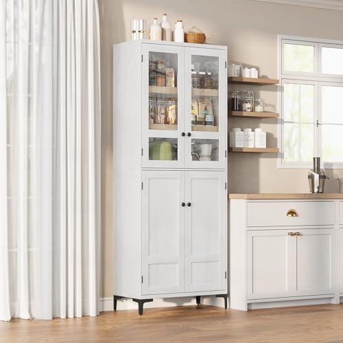 RBFGYIOP Mobile credenza ingresso alto 180 cm - 5 ripiani regolabili, ante in vetro - Armadio dispensa multiuso per cucina e bagno - Finitura bianco antico con interno legno naturale - Ante in vetro,