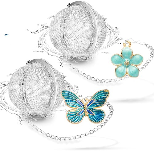 BelleVive Set of 2 Stainless Steel Tea Infusers with Butterfly and Flower Charms for Loose Leaf Tea, Includes Extended Chain and Hook for Brewing Fine Loose Tea, Silver