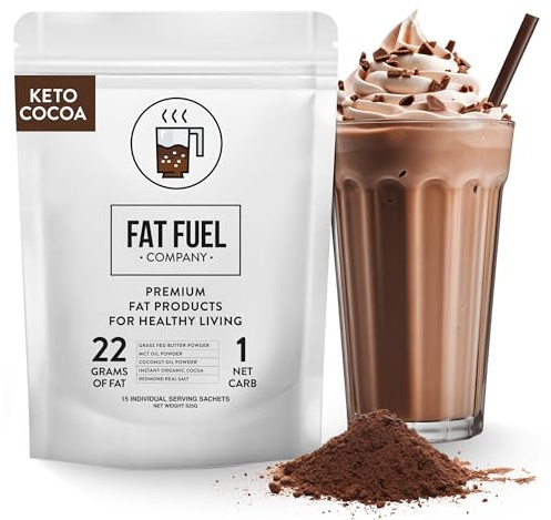 Fat Fuel Keto Cocoa 22g Premium Fats - with Grass Fed Butter, MCT Oil, Coconut & Redmond Real Salt - Instant Organic Cocoa, One Net Carb, A True Meal Replacement - 15 Servings