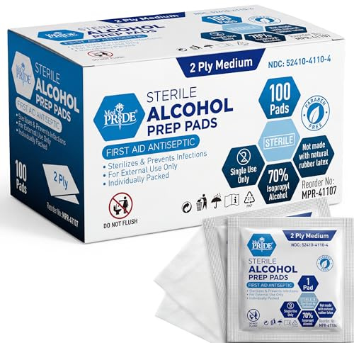 MED PRIDE Sterile Alcohol Prep Pads, Medical Grade, 2-Ply, 100-Count