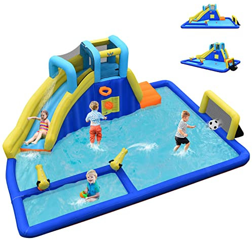 COSTWAY 6 en 1 Château Gonflable Aquatique avec Piscine et Toboggan, Maison de Rebond Gonflable avec Panier de Basket, Mur d’Escalade, Pataugeoire pour Enfants de 3 Ans+