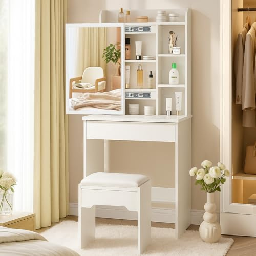 LEMROE Toeletta con Specchio Scorrevole, Comò da Trucco con 7 Ripiani e Cassetto, Postazione Makeup con Sgabello, Tavolo Trucco Bianco, 40 x 60 x 130 cm