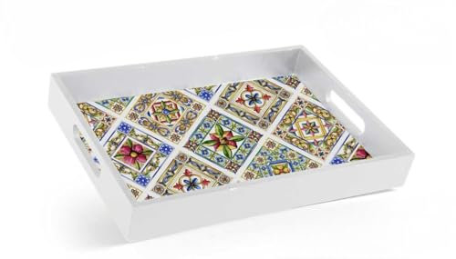 VASSOIO IN LEGNO RETTANGOLARE DECORATIVO CON MANICI, VASSOIO CON STAMPE MAIOLICHE X ALIMENTI DI PRIMA COLAZIONE, MERENDA, X TE’ CAFFE’ E BISCOTTI 26 * 20 * 4 (Maioliche-1)