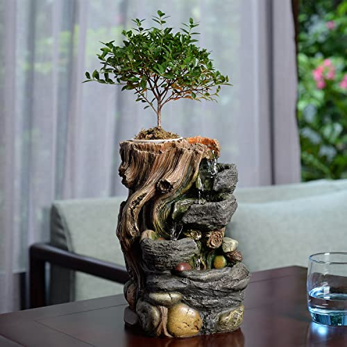 GOSSI Indoor 5-Tier Rockery Tabletop Waterfall Fountain with Auto Watering and Small Plastic Plant Pot, Decorative Home Water Fountain (22021)