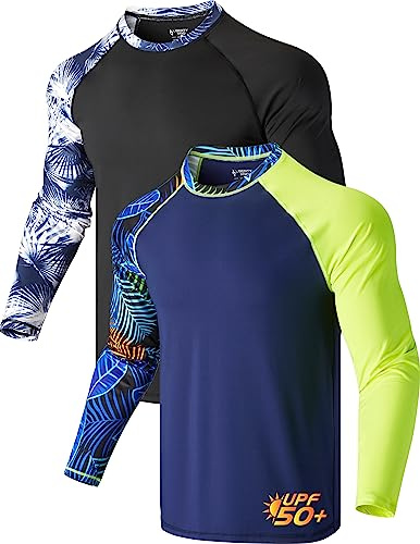 2 Pack Men’s Rash Guard Long Sleeve Swim Shirts UPF 50+ Sun Protection – Quick Dry Lightweight UV Fishing Surf Shirt (Set 1, Large)