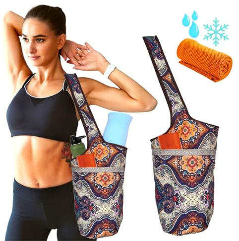 SusggO Bolsa Yoga para Esterilla y Toalla Fría de Enfriamiento - Bolso para Colchoneta, Gimnasio, Microfibra - Accesorios Pilates Fitness (Paisley)