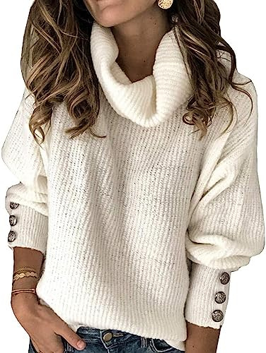 Wenrine Jersey de cuello alto para mujer, de invierno, de manga larga, suelto, informal, cálido, de punto con botones de metal