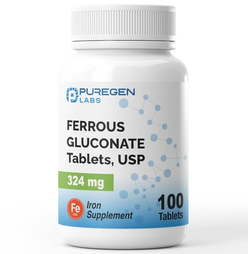 Puregen Labs Ferrous Gluconate 324 mg [High Potency] Iron Supplement, Gentle on Stomach - 100 Tablets
