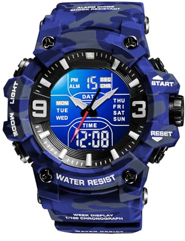 Reloj militar digital para hombre, resistente al agua, 5 ATM, reloj militar, reloj táctico, negro, verde, reloj deportivo para hombre, cronógrafo, cronómetro, reloj deportivo con vibración, azul,