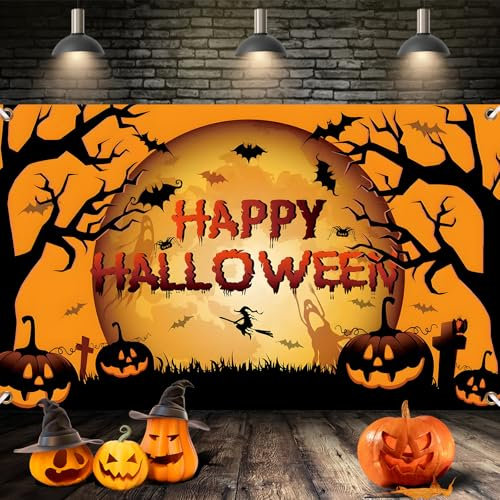 Moorle Happy Halloween Banner, Halloween Deko Banner, Extra Große Stoff Halloween Hintergrund, Halloween Party Hintergrundtuch, Kürbis Halloween Dekoration Wand Hängende für Drinnen Draußen Outdoor