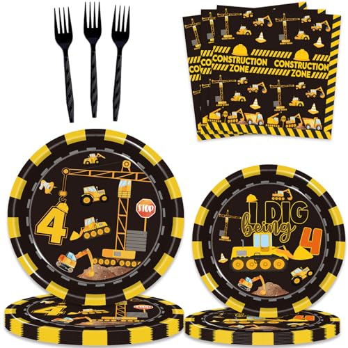 80 Pcs Construction 4th Birthday Party Supplies Dump Truck Theme Four Decorations Tableware Includes Plates, Napkins, Forks for Boys Construction Four Years Old Birthday Party Decorations Favors