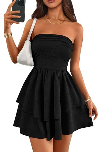 PRETTYGARDEN Women's 2026 Summer Strapless Tube Mini Dress Off Shoulder Smocked Ruffle A Line Flowy Short Party Club Dresses (Black,X-Large)