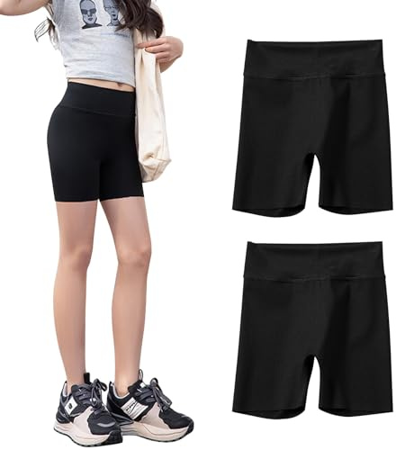 Runmeihe 2 Pack School Short Leggings for Girls Age 5-14 High Waisted Mini Pants Anti Chafing Stretchy Cycle Shorts Breathable Under Dress Shorts (UK, Age, 7 Years, 8 Years, Regular, Black)