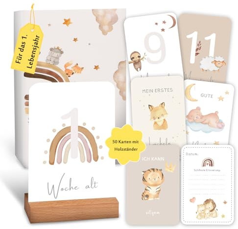 Giftota Meilensteinkarten Baby - 50 Meilensteinkarten inkl. Kartenständer aus Holz - Baby Geschenk für Junge und Mädchen - Boho Stil Meilensteinkarten