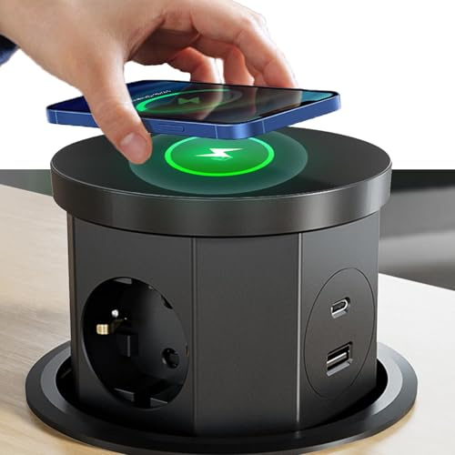 DewinLVD Sänkbart uttag, 3-vägs inbyggt uttag med 1 USB C 1 USB-A 2 500 W 16 A kabel på 1,5 m bordsuttag för 15 W trådlös laddare lämplig för bänkskivor kök kontor