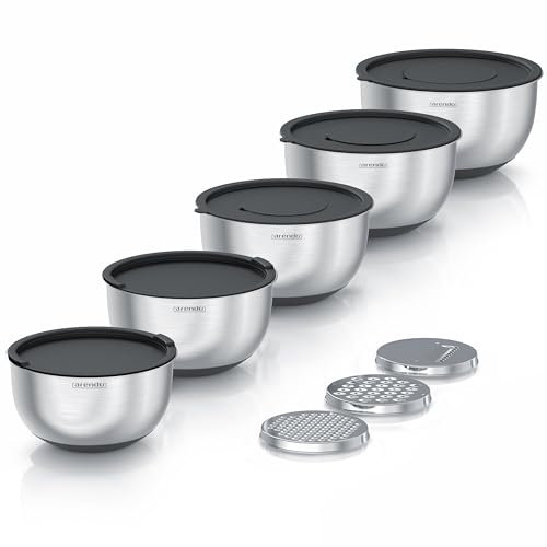 Arendo - Rührschüsseln Edelstahlschüssel Set 5-teilig - mit sicher abschließenden Deckeln – 3 Reibaufsätze - Salatschüsseln in 1,6 bis 5 Liter – spülmaschinengeeignet – BPA-frei