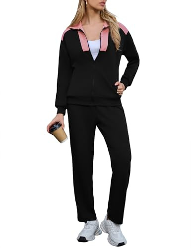 Litherday Tuta Donna Invernale Completo Sportivo Zip Collo Alto Bicolore | Tessuto morbido, giacca zip con collo alto e tasche, pantaloni comodi, facile lavaggio, per casa, viaggio e passeggiate