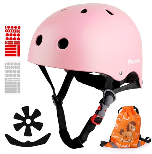Plusawa - Casco Infantil Certificado EN1078 CE, Casco de Bicicleta para niños, Barbilla Ajustable, Reflectante – Bicicleta, Patines – Incluye Pegatinas 3D + Bolsa (Rosa, M) (Rosa, S)