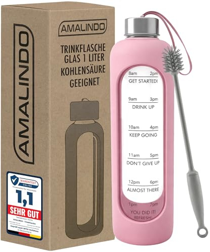 Amalindo Gourde en verre 1 l avec housse en silicone rose | Convient aux boissons gazeuses - avec brosse