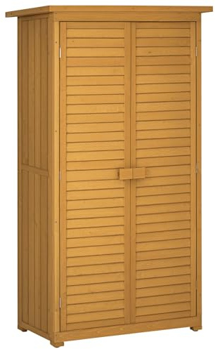 Outsunny Gartenschrank Holz, Geräteschuppen wetterfest 87x46,5x160cm, Gerätehaus mit Tür, Pultdach, Böden, Geräteschrank, Gartenhaus Werkzeugschrank Gartenschuppen für Garten, Terrasse, Natur