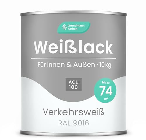 Grundmann Weisslack - 10 Kg - RAL 9016 Verkehrsweiss - Seidenmatt - 4in1 Grundierung & Decklack - Premium Weißlack - Hohe Beständigkeit & Deckkraft - Holz, Metall, Kunststoff