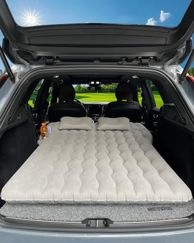 Canodoky SUV Air Mattress, Inflatable Car Mattress Bottle and Phone Holder Thickened Flocking & PVC Surface Car Bed with Electric Air Pump Travel Mattress for Camping Road Trip (Grey)