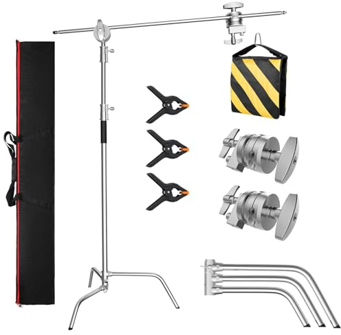 GSYXERGILES Soporte en C resistente, trípode de acero inoxidable con brazo de brazo, altura máxima de 320 cm, soporte de luz de fotografía con brazo de sujeción de 128 cm para monolight de estudio,