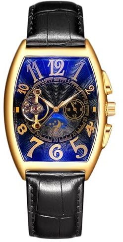 RORIOS Herr automatisk klocka mekanisk klocka med läderrem Tourbillon klocka skelett urtavla armbandsur för män, Svart A, 220mm, Skelett