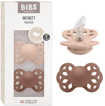 BIBS Infinity Anatomischer Schnuller Zweierpackung, bisphenol-A frei, anatomischer Silikonsauger, Kiefergerechte Form. Silikon, 0-6 Monate (2er Pack), Blush/Woodchuck