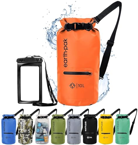 Earth Pak Dry Bag – Wasserdichter Packsack mit Reißverschluss Tasche, Schultergurt und wasserfester Handyhülle – Ideal beim Kajak Fahren, Camping, Angeln, Bootfahren und Rafting (Orange, 5L)