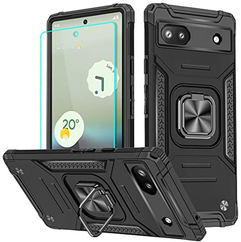 Google 6A hülle, Google Pixel 6A hülle mit HD-Displayschutz, 360° drehbarer Ständer Bumper [stoßfest] Schutzhülle für Google 6A (Schwarz)