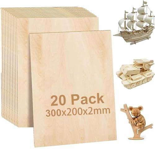 AKOLAFE Lot de 20 Contreplaqué 2mm Panneau de Contreplaqué 300 x 200 x 2mm Panneau Bois A4 Planche de Bois Contreplaqué Naturel pour Pyrogravure Bricolage Artisanate en Bois Modèles et Peintures